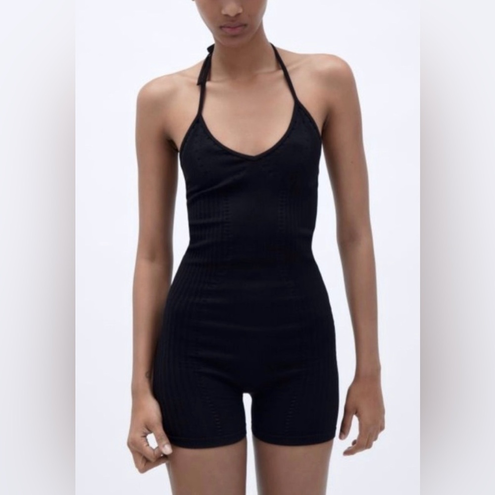 NWT- Zara Limitless Contour Collection Ribbed Cut Out Shorts Bodysuit-Black- M/L